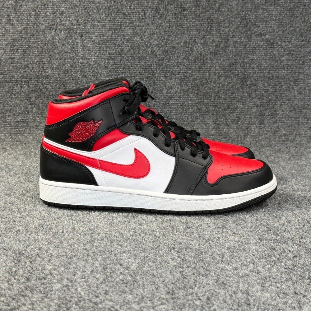 Jordan 1 Mid Basketball Shoes Men's 12 White Black Red Retro Athletic Sneakers